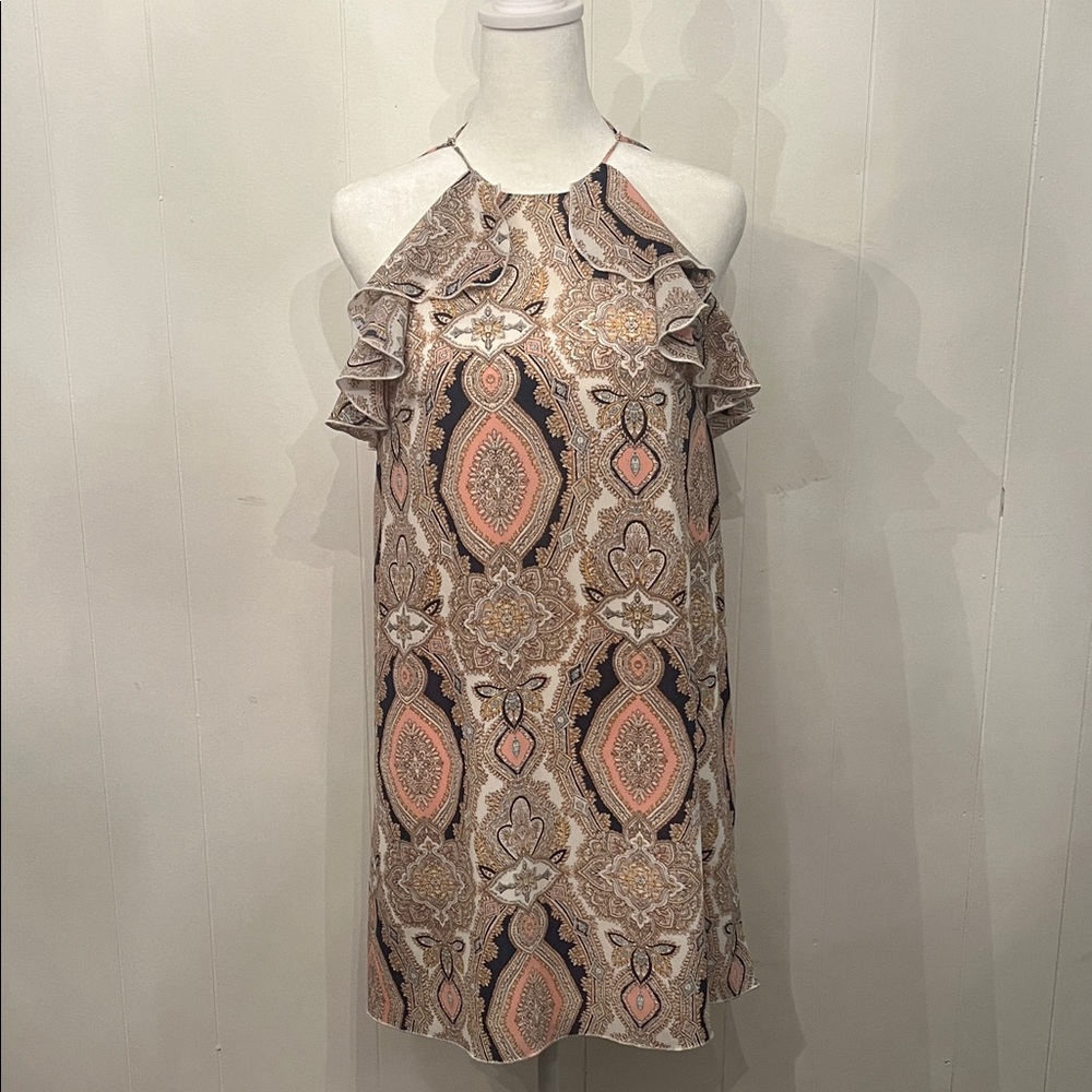 BCBGeneration Pink, Black & Beige Paisley Ruffle Halter Tank